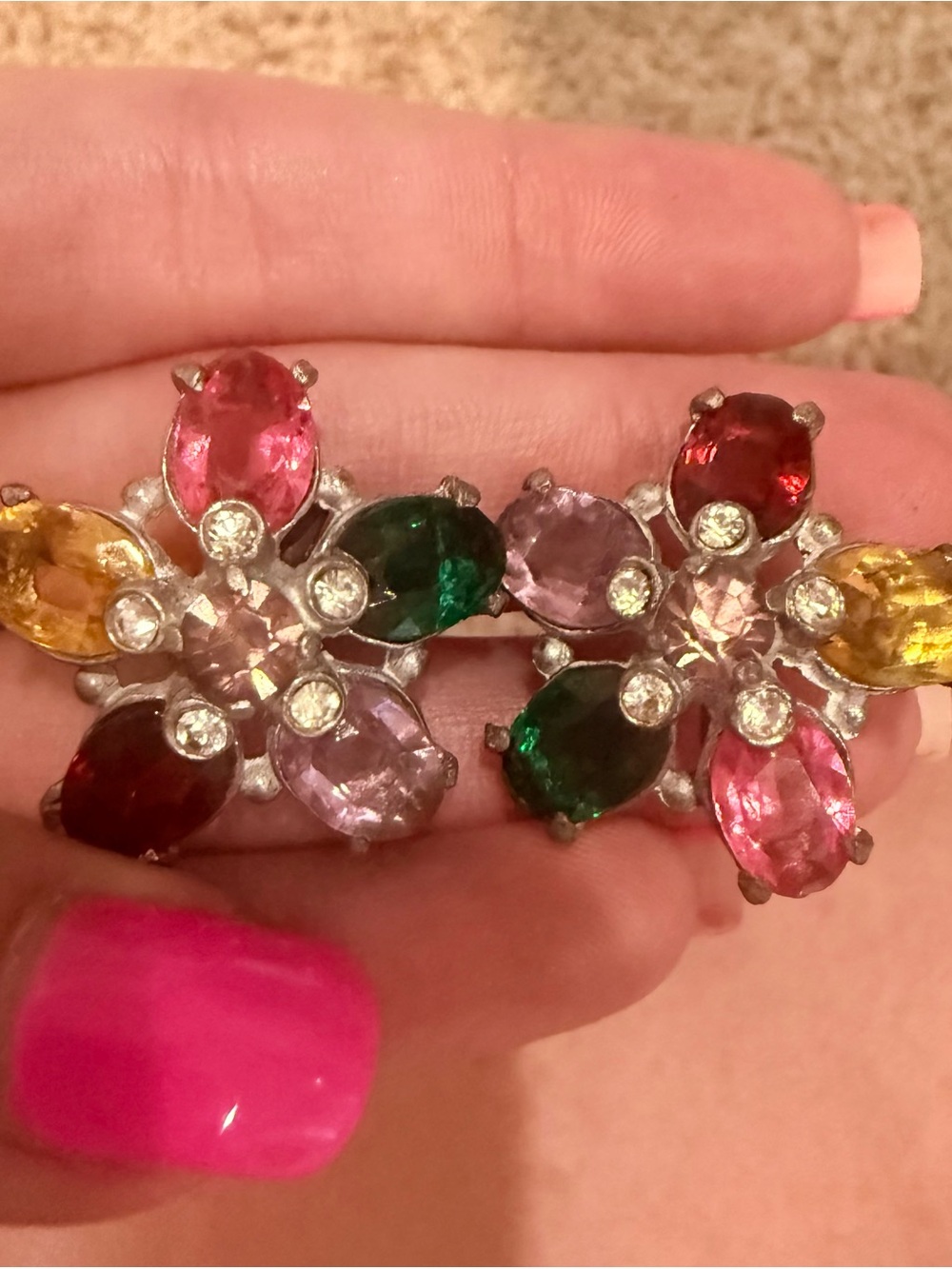 Vintage Screw Back Multi-Color Crystal Floral Earrings - Women Jewelry